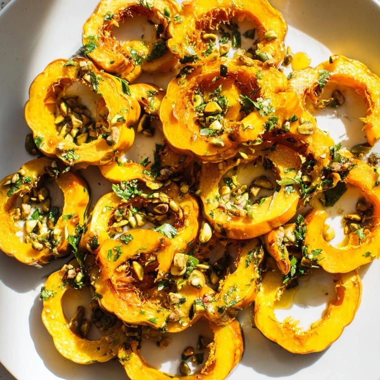 Roasted delicata squash rings, a sweet and savory vegetarian dish ready to serve and enjoy.