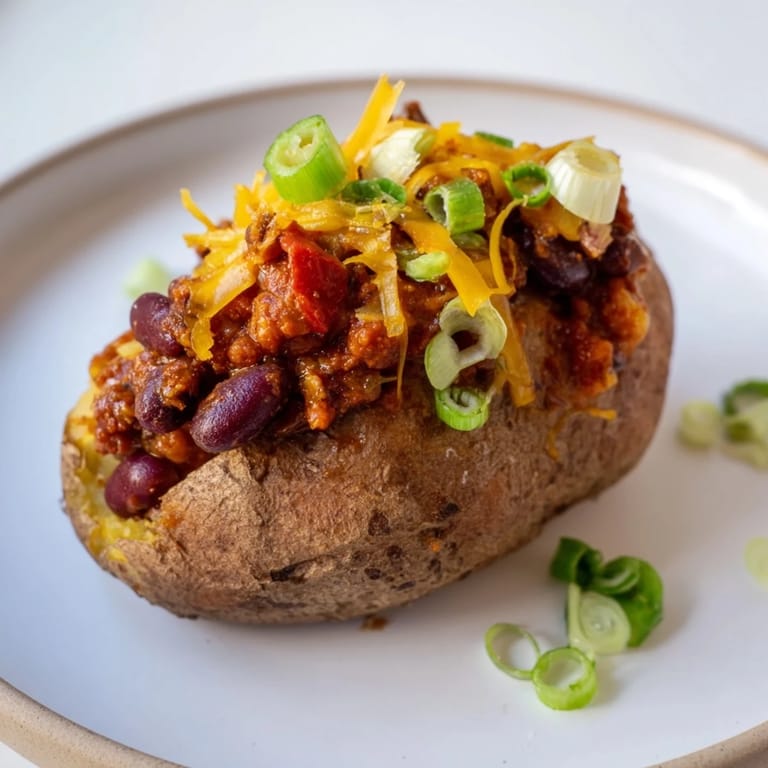 A close-up shot of rich and hearty chili-style baked potatoes, piled high with beans and spices.