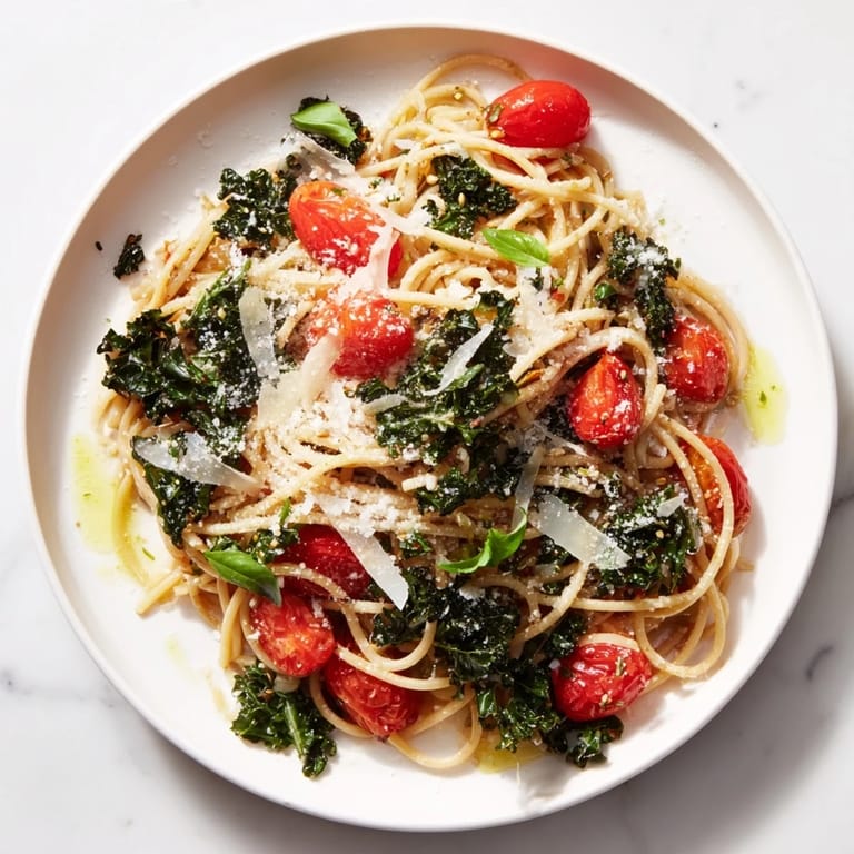 Hearty one-pot spaghetti brimming with kale, ready to eat alongside a sprinkle of Parmesan, Italian-style.