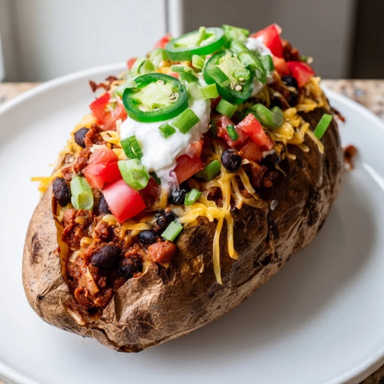 A close-up of a warm Loaded Baked Potato, showing melted cheese over flavorful chili and beans.