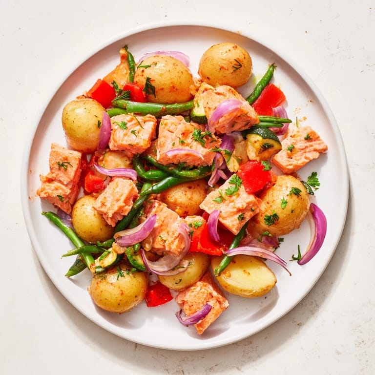 A delicious one-pan Salmon & Potato Skillet with tender salmon and colorful, seasoned vegetables on display.