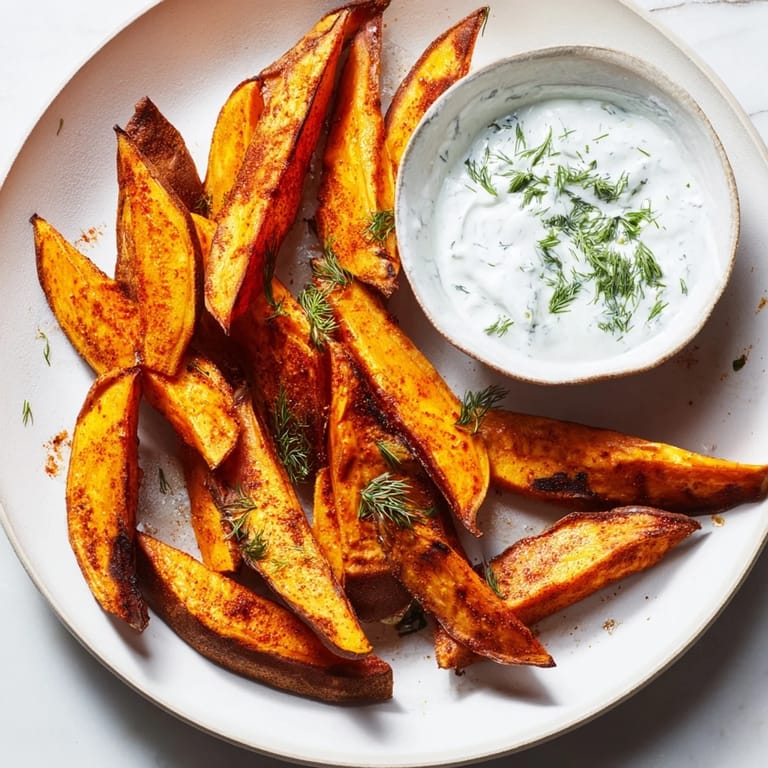 Close-up of baked Roasted Sweet Potato Wedges, showing a delicious, seasoned crust, perfect for dipping.