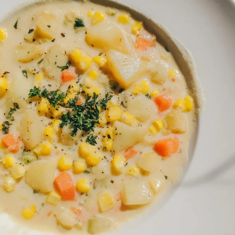 Savory Corn & Potato Chowder: A steaming pot of American chowder, ready to be served with crusty bread.