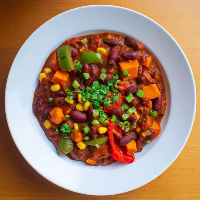 A flavorful bowl of vegetarian veggie chili, the rich broth filled with colorful cooked vegetables.