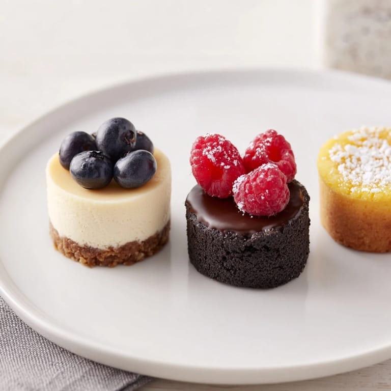 Perfectly portioned Mini Dessert Bites Trio, ready to be enjoyed, with a variety of textures.