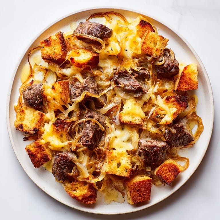 Enjoy the savory warmth of a French Onion Pot Roast Casserole, with crusty bread and melted Gruyère, perfect for sharing.