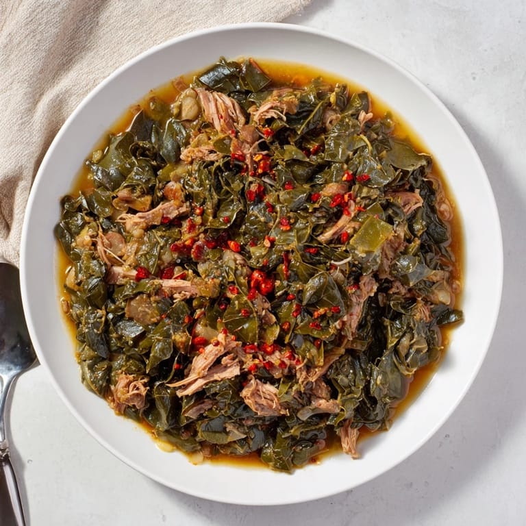 Savory Southern style collard greens with smoked turkey, featuring vibrant greens and tender meat.