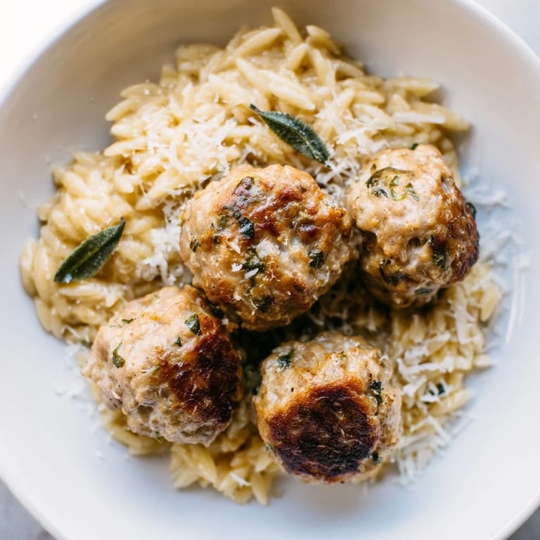 Tender Sage Turkey Meatballs mingling with creamy pumpkin orzo, perfect for a comforting weeknight meal.
