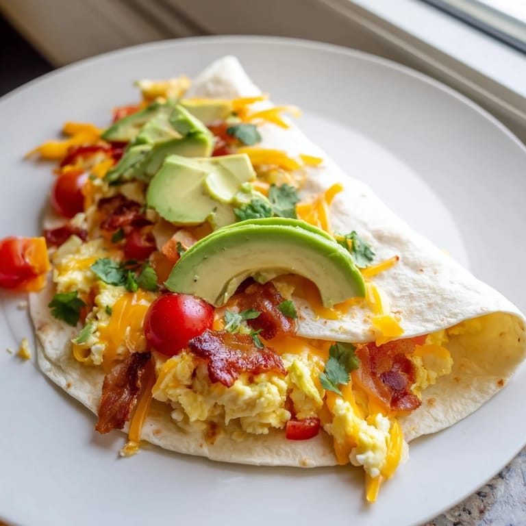 Warm, appetizing Easy Festive Breakfast Burrito Wraps, ready to eat, with salsa and avocado on the side.