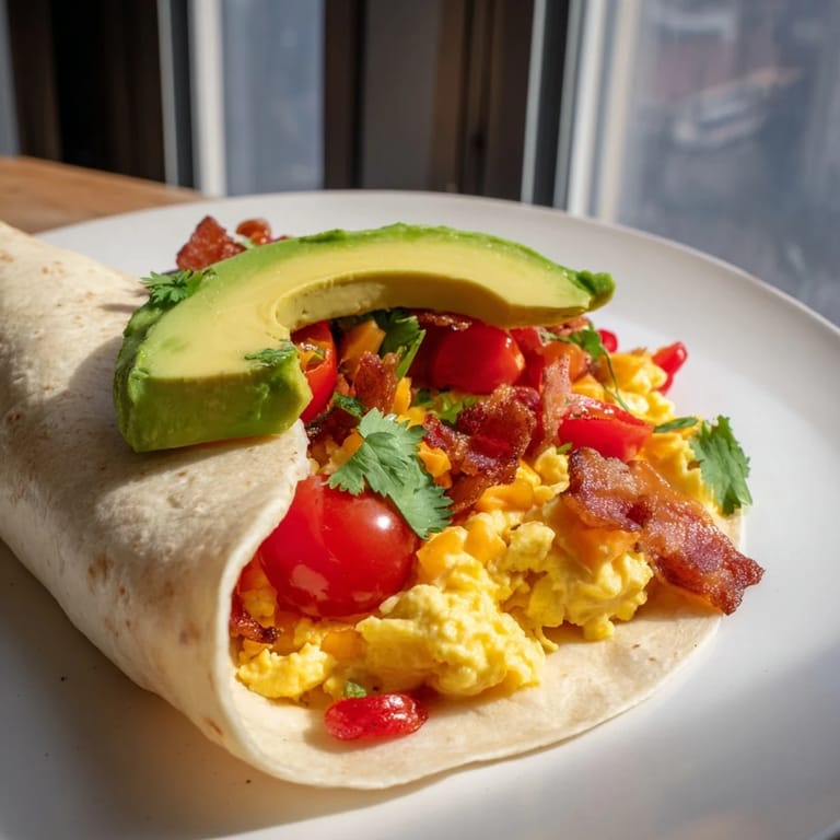Pile of fluffy scrambled eggs and bacon inside each Easy Festive Breakfast Burrito Wrap, perfect for a hearty brunch.