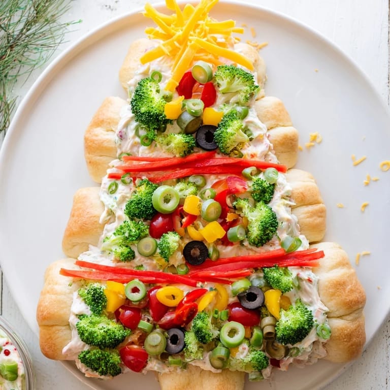Bright, holiday-themed Easy Christmas Tree Veggie Pizza features a variety of fresh, crunchy vegetables arranged beautifully.