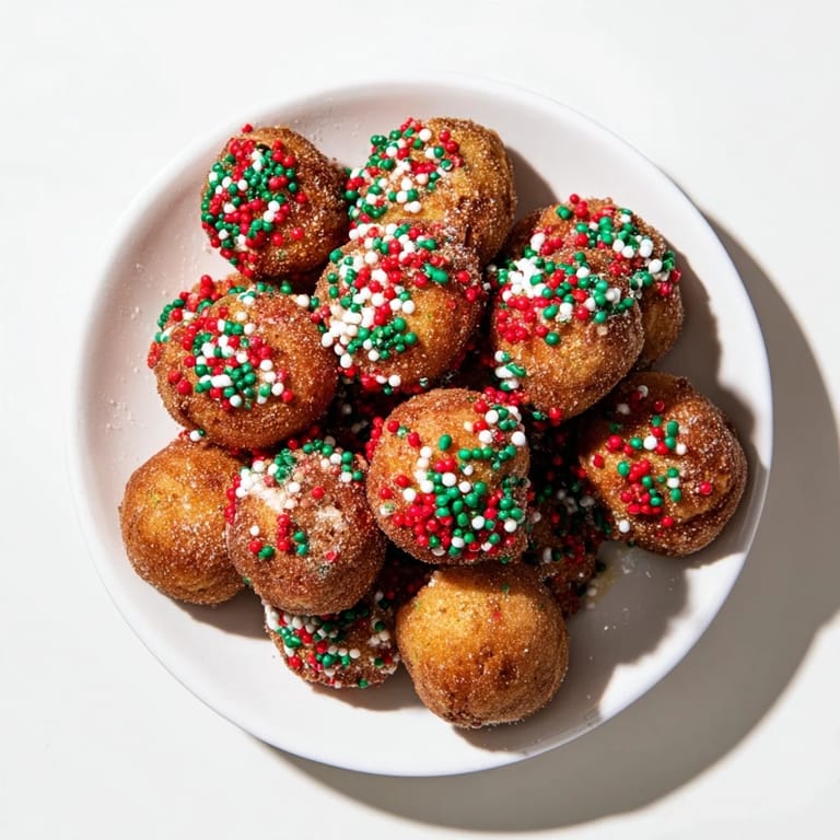 Warm, fluffy Christmas donut holes, freshly air-fried and coated with cinnamon sugar.