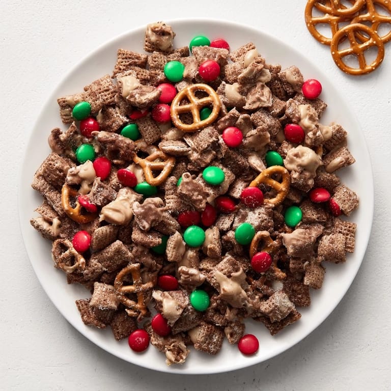 Close-up of sweet and crunchy Simplified Reindeer Chow, perfect for sharing at holiday parties.