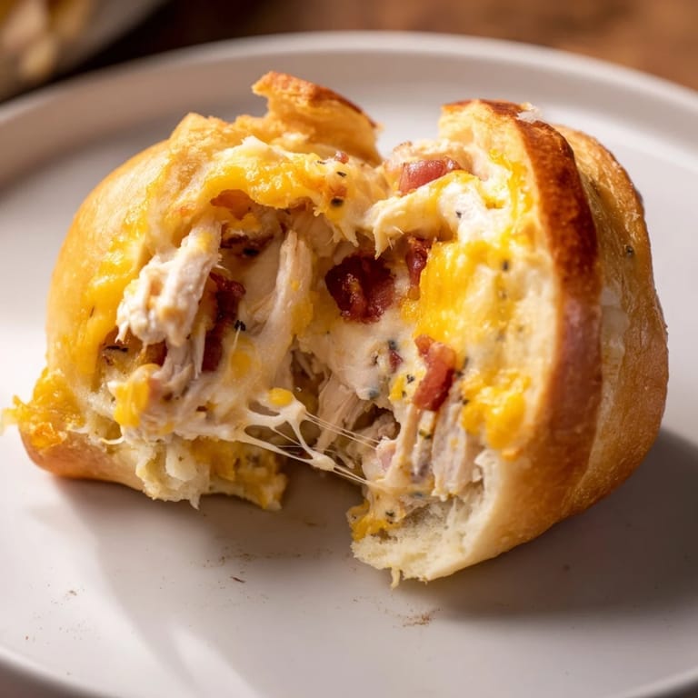 Close-up of baked cheesy chicken and bacon crescent rolls; crispy bacon and savory fillings displayed.