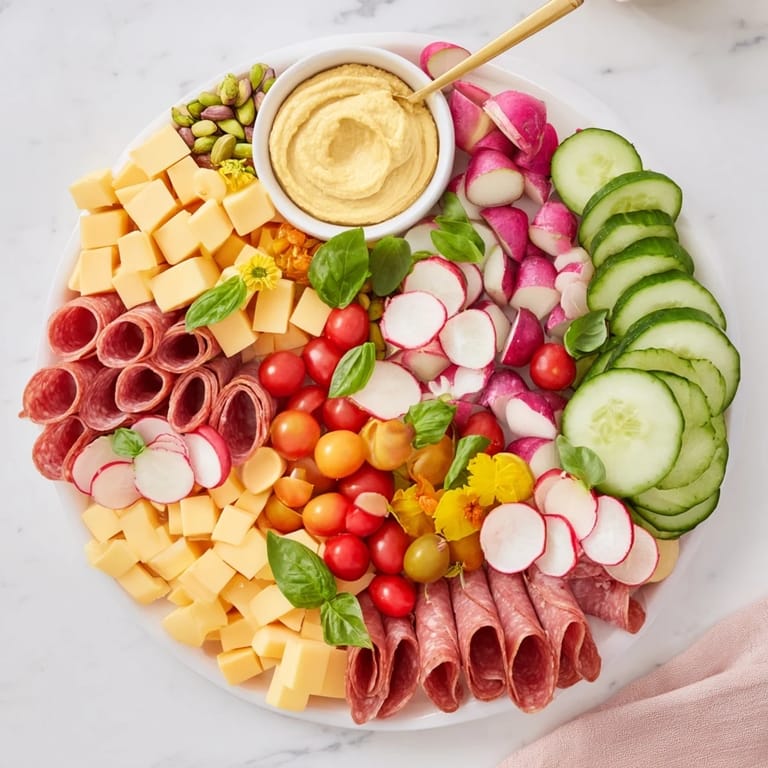 Beautiful Dragonfly Dance Appetizer Tray presents crackers, dips, and edible flowers on a large platter.