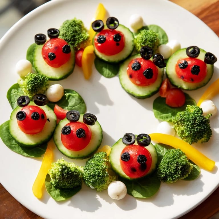 A colorful Ladybug Garden Platter appetizer with cherry tomato ladybugs, ready for a fun picnic.