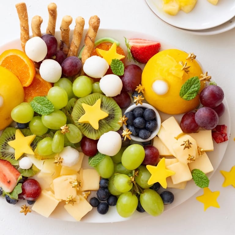 A whimsical Comet & Planet Grazing Tray features colorful planets crafted with sliced oranges and grapes.