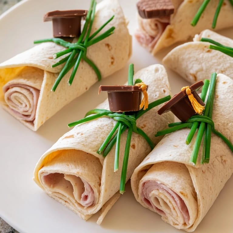 Delicious, visually appealing image showing assembled Graduation Cap Diploma Snack Wraps ready for a graduation party.