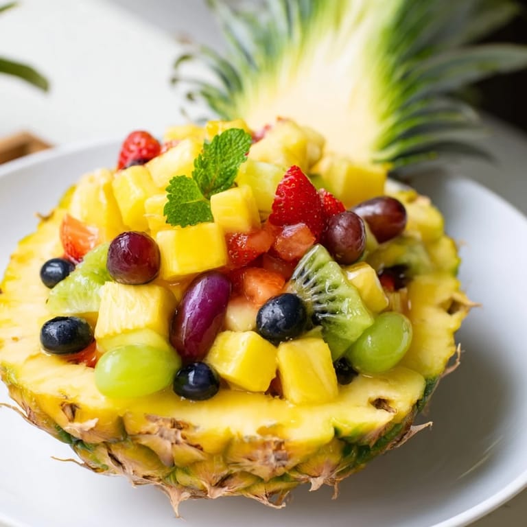 A refreshing serving of sweet Tropical Pineapple Fruit Boat, perfect for a sunny brunch or party display.