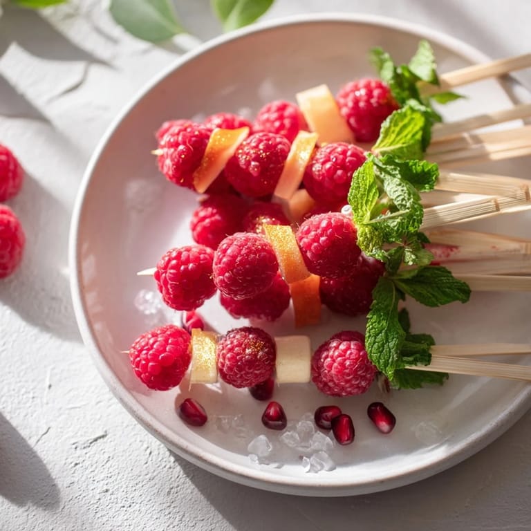 Romantic Baisers de Minuit decorations: edible roses, pomegranate seeds, and fresh mint on cocktail skewers.
