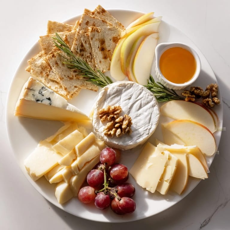 A visually appealing Cheese Plate offers creamy brie, sharp cheddar, and blue cheese alongside cracker rings.