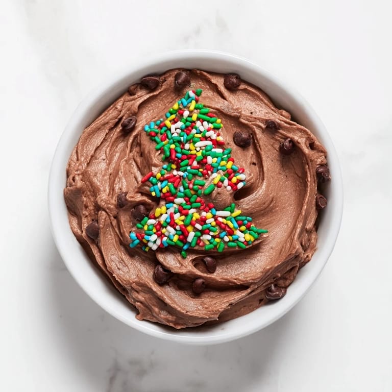 A creamy Festive Tree Brownie Dip with chocolate chips and sprinkle decorations, ready to be enjoyed with dippers.