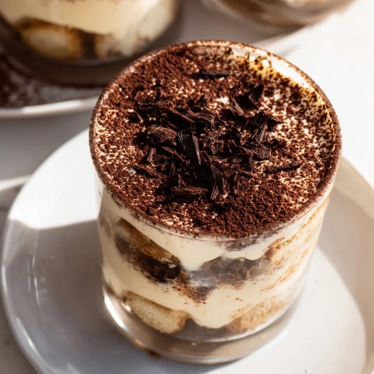 Mini glasses hold elegant Countdown Tiramisu Shots with mascarpone cream, perfect for a special treat.