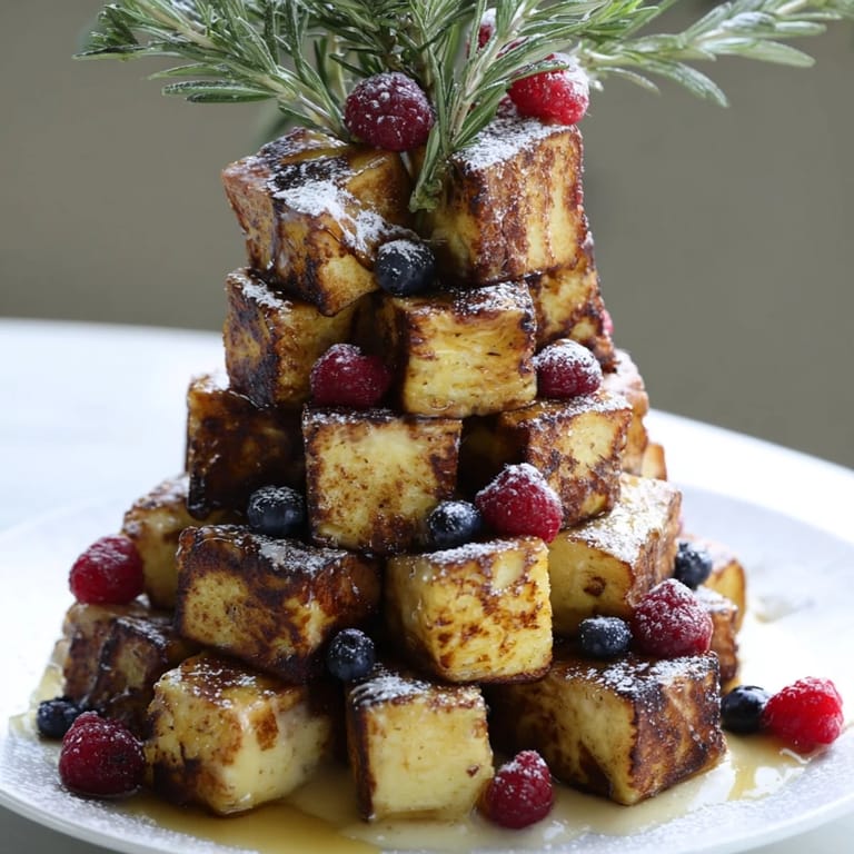 Warm, bite-sized Eggnog French Toast Bites, arranged on a platter with rosemary, perfect for breakfast.