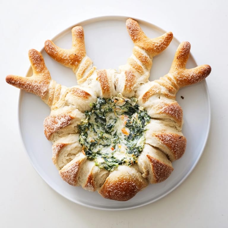 A close-up of a festive Reindeer Antler Spinach Dip Ring, oozing creamy, savory goodness.