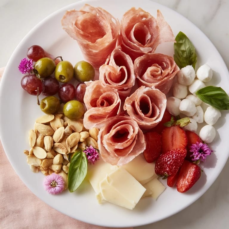 Imagine a Prosciutto Rose Bouquet Board with creamy goat cheese, nuts, and fresh basil, perfect for sharing.