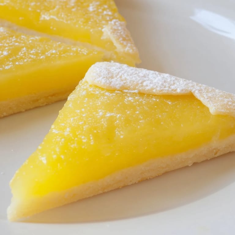 A close-up of buttery lemon bars, cut in triangles, showcasing the bright lemon filling and crust.
