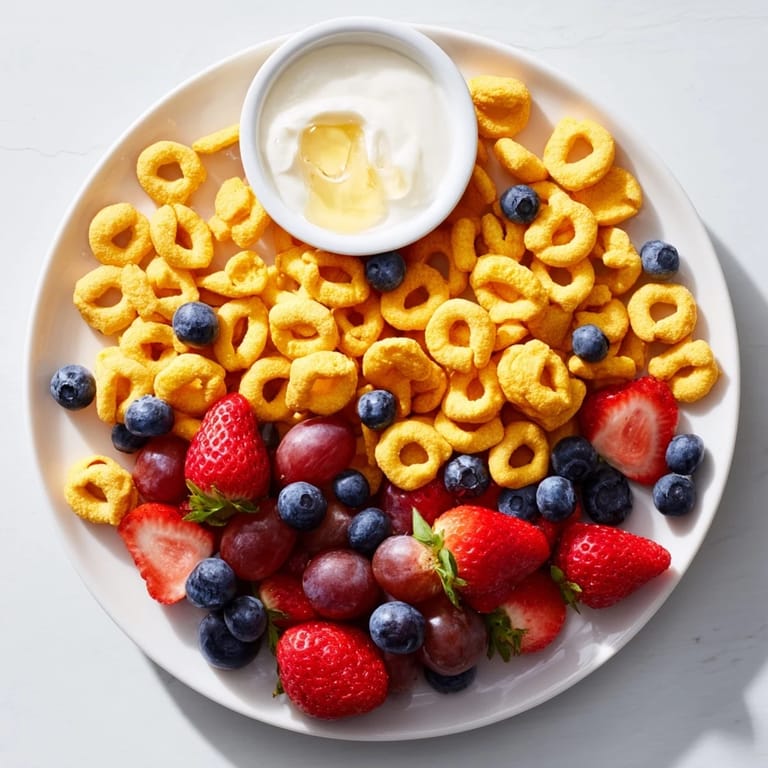 A colorful mound of rainbow Goldfish crackers with grapes and yogurt dip for easy snacking.
