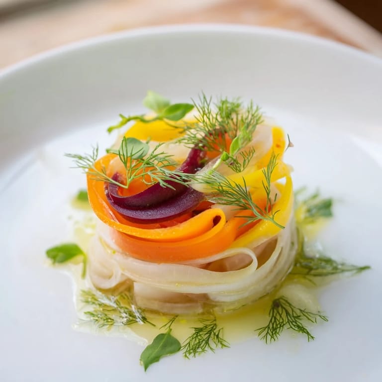 Enjoy the freshness of The Spinning Top, a crisp, colorful salad featuring shaved vegetables.