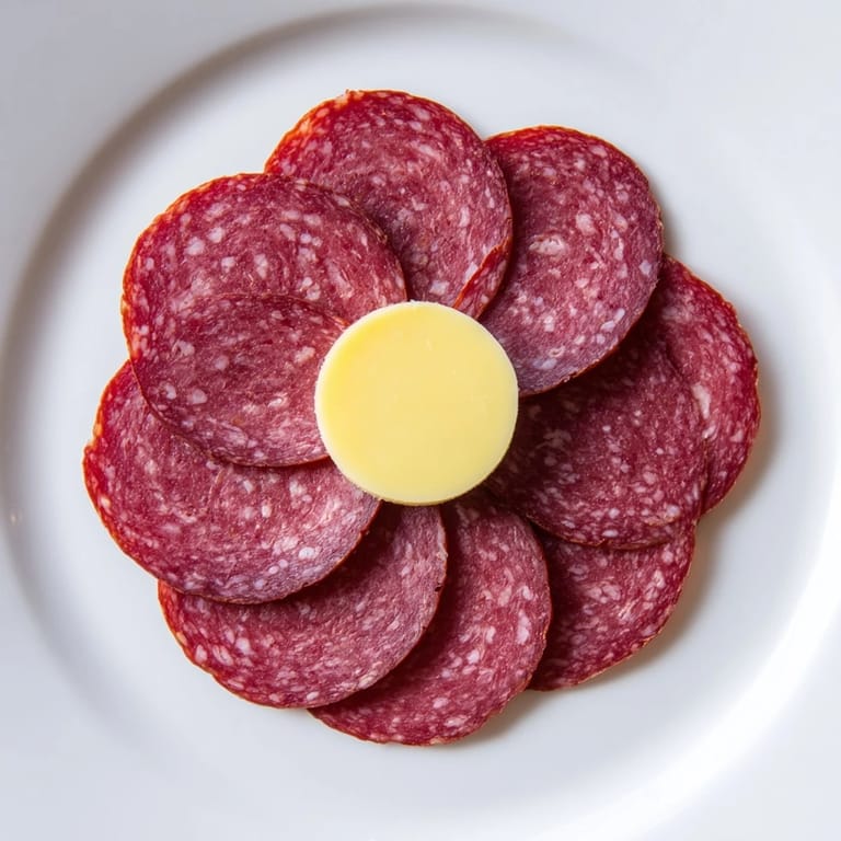 Enjoy a festive Tudor Rose appetizer picture; five overlapping salami slices encircle cheese like a flower.