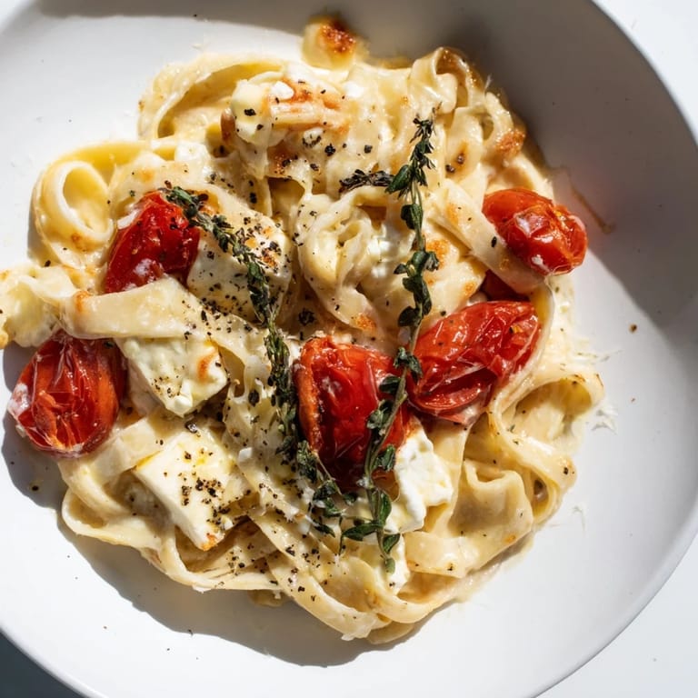 A close-up of a delightful Baked Brie Pasta Sauce, showcasing melted cheese over fettuccine noodles.