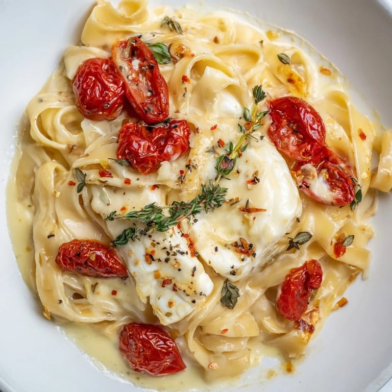 This rich Baked Brie Pasta Sauce offers a visually stunning dish, topped with fresh basil and pepper.