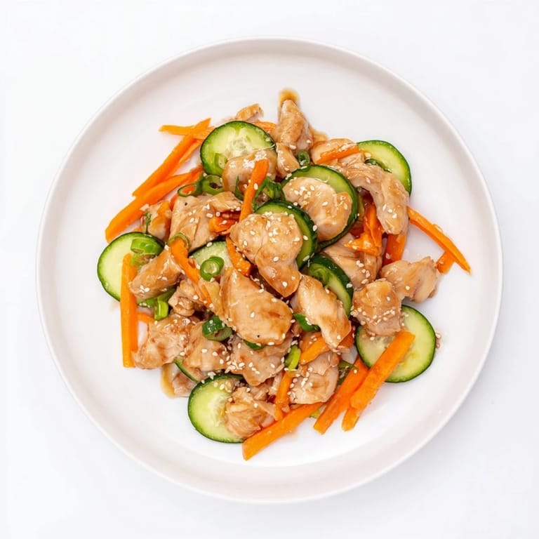 Fresh Shaker Chicken Salad with crisp cucumber slices and a savory soy-sesame dressing visible.