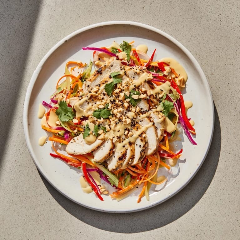 Freshly made Carrot Ribbon and Chicken Slaw bursting with crunch, topped with sesame seeds and peanuts.