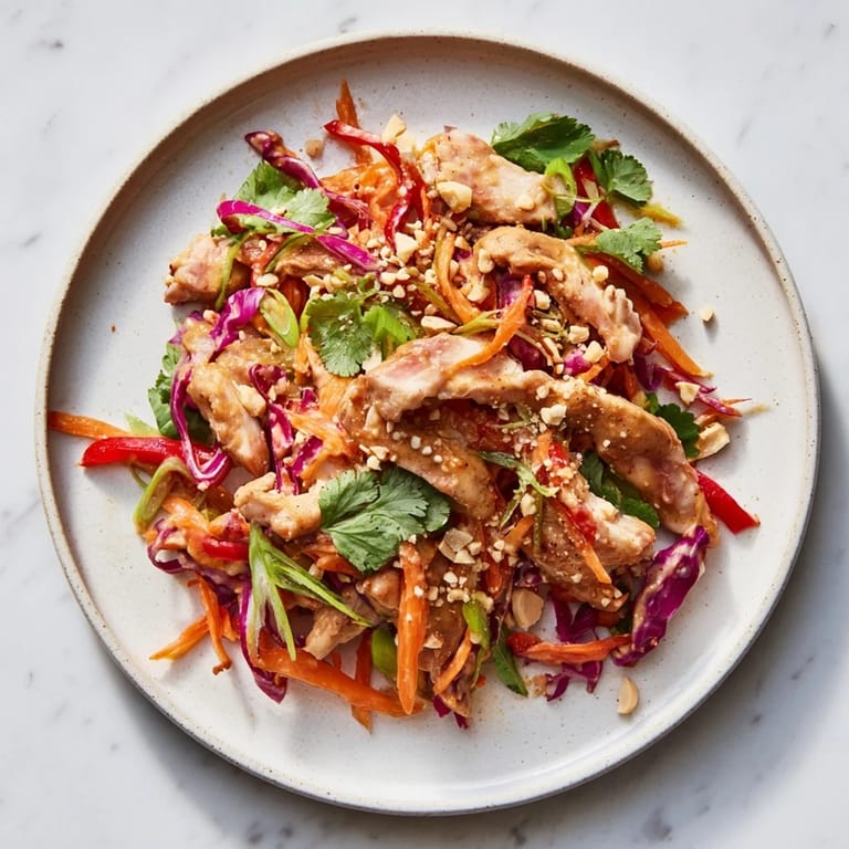 Close-up of a bright Carrot Ribbon and Chicken Slaw salad, showcasing the tender chicken and veggie textures.