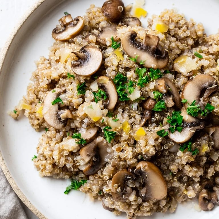 Creamy and savory Mushroom Quinoa Risotto, a vegetarian delight with tender quinoa and earthy mushrooms.