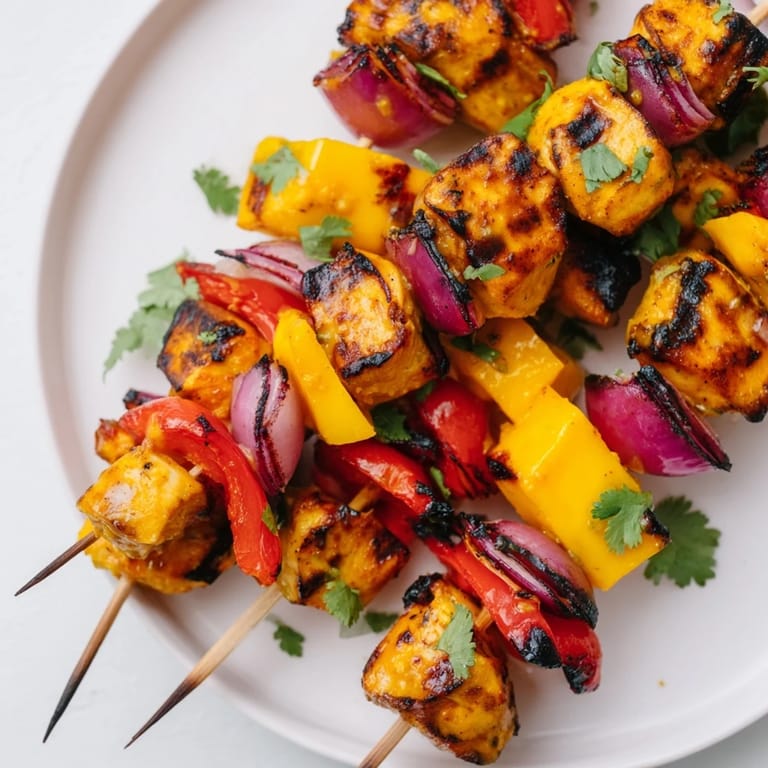 Close-up of golden-brown Mango Lime Chicken Skewers, showcasing the marinade's delicious char.