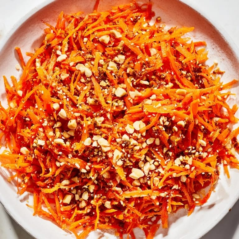 Close-up of a refreshing Spicy Carrot Salad with bright orange carrots and a zesty Asian dressing.