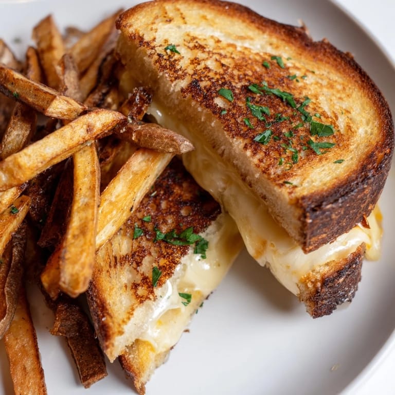 A close up shows the delicious Beef Tallow French Fries with a bubbling, cheesy grilled cheese sandwich.