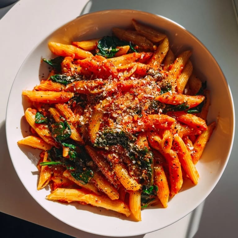 Fresh baby spinach wilts perfectly into the rich marinara sauce of this delicious quick Marinara Pasta.