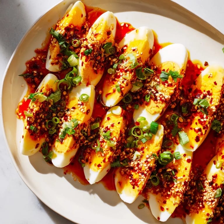 Savory Chili Oil Eggs, vibrant with green onion, promising a delightful, flavorful breakfast.