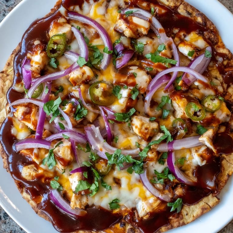 A close-up of a bubbling BBQ Chicken Flatbread with melty cheese, pulled chicken, and red onion.