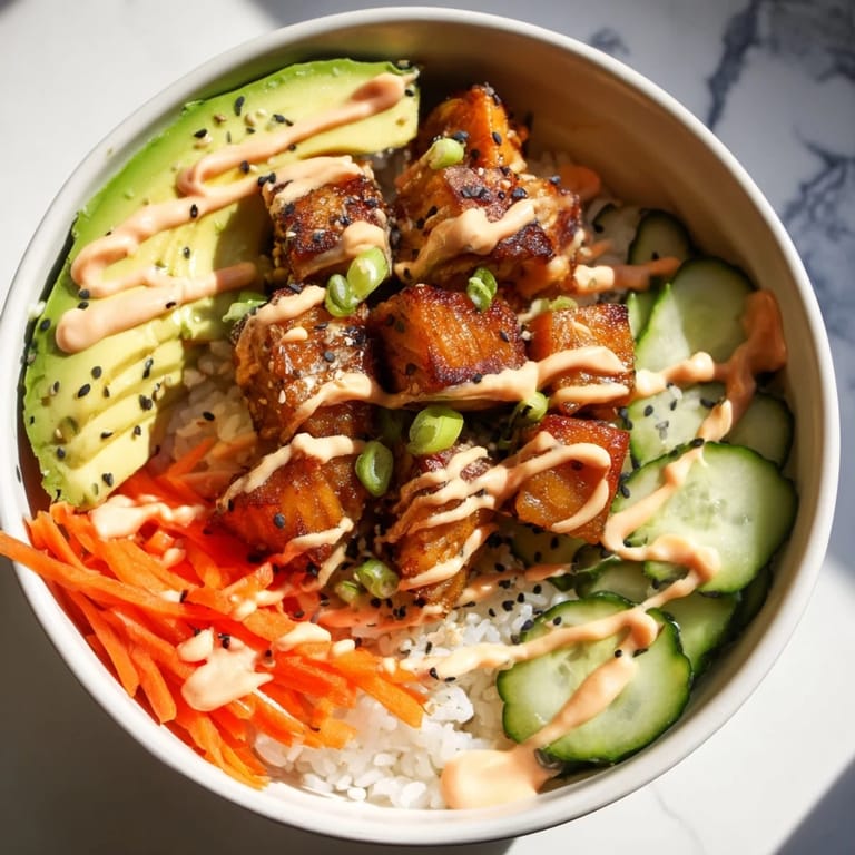 A delicious close-up of the flavorful salmon bites bowl with all its fresh toppings and sauce.
