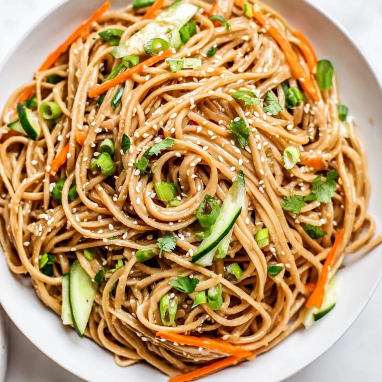 A refreshing bowl of Cold Sesame Noodles, glistening with savory sauce, ready to be enjoyed.