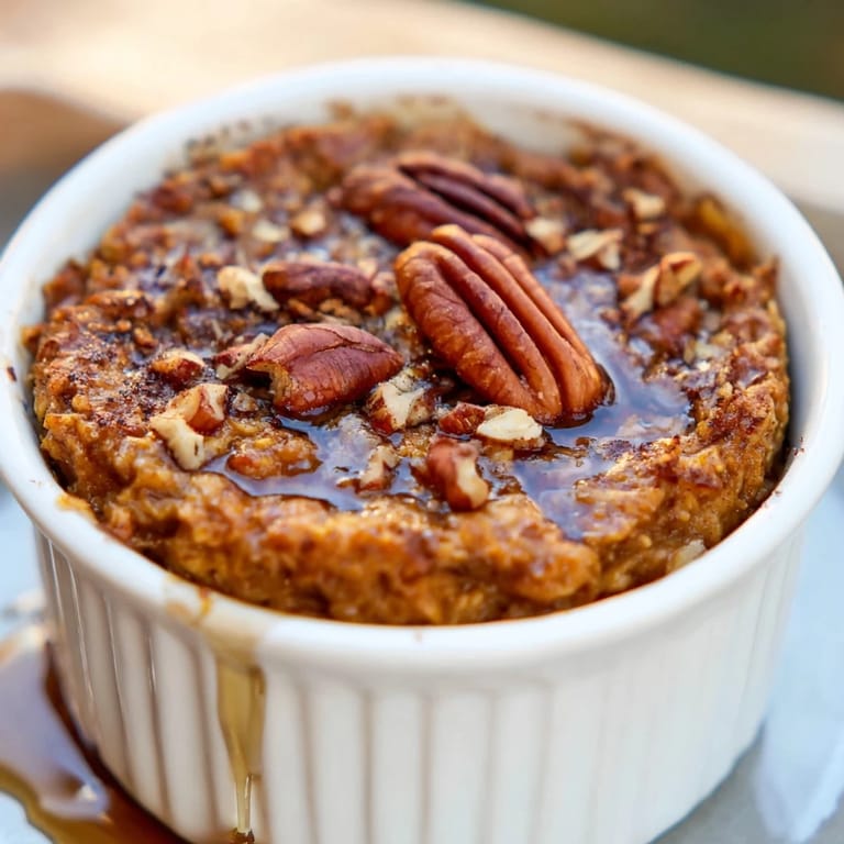 A close-up of golden brown pumpkin spice baked oats, ready to be enjoyed with your favorite toppings.