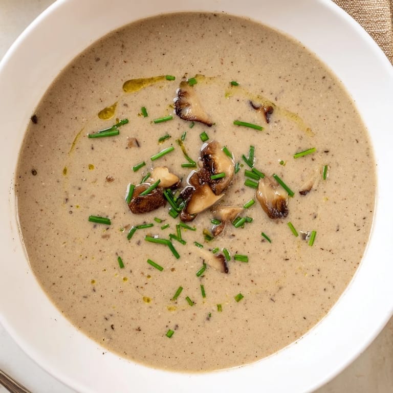 A close-up shot of rich creamy mushroom bisque, showcasing its velvety texture, perfect for serving.